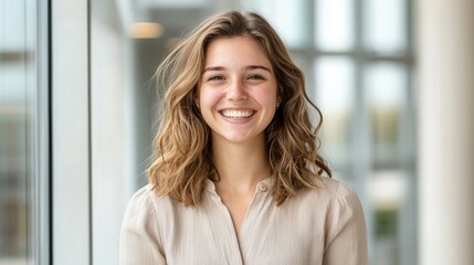 Ethnic diversity Cheerful young woman smiling by a window in a bright setting.
