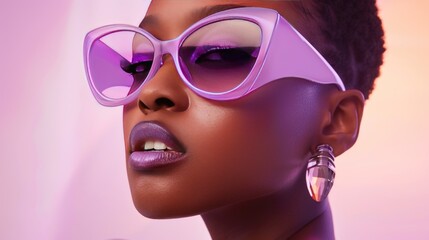 Close-up shot of a short-haired African American woman wearing purple sunglasses and pink-purple lipstick, in a realistic illustration style, with a lavender background and a fashion aesthetic
