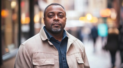 Naklejka premium Dedicated male social worker standing confidently in a busy urban setting, embodying commitment to supporting individuals and families in need.