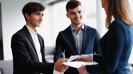 Successful Partnership:  A business agreement is finalized as a  confident businessman signs a document in front of colleagues,  signaling the beginning of a prosperous partnership.  