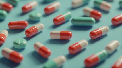 Assorted pills and capsules in red, green, and white laid out on a vibrant blue background, symbolizing medication and health treatments in a clinical setting.