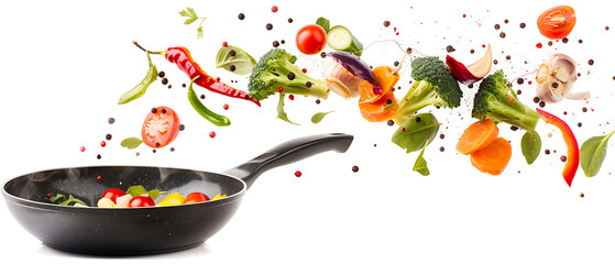 Fresh salad with feta cheese and vegetables on white background, Fresh vegetables fly in a pan on a white background Cooking with various chopped vegetables in a pan The concept of healthy eating .