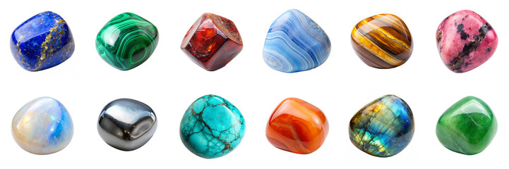 Polished gemstones set isolated on transparent background. Blue lace agate, carnelian, garnet, hematite, jade, labradorite, lapis lazuli, malachite, moonstone, rhodonite, turquoise png collection