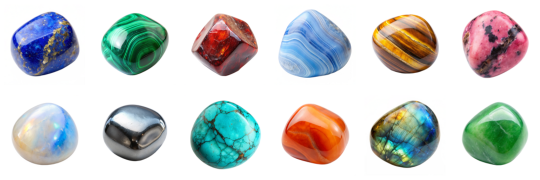 Polished gemstones set isolated on transparent background. Blue lace agate, carnelian, garnet, hematite, jade, labradorite, lapis lazuli, malachite, moonstone, rhodonite, turquoise png collection