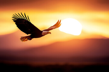 Obraz premium Majestic eagle soaring over vast canyon at sunset, showcasing freedom