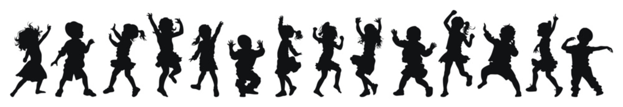 Children silhouettes in playful and dancing poses vector illustration set. energetic kids in various joyful movements and actions.
