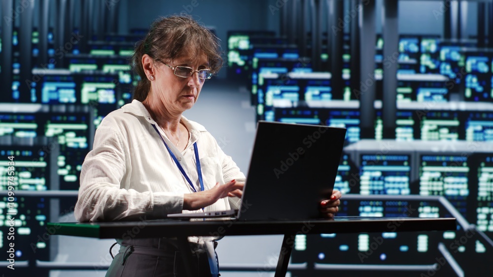 Poster focused repairman in cloud computing company headquarters housing high end servers capable of effici