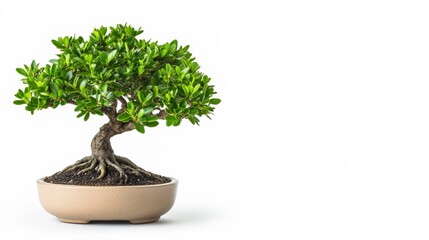 Bonsai tree with twisted branches and intricate roots, isolated on a white background, minimalist and elegant with plenty of text space 