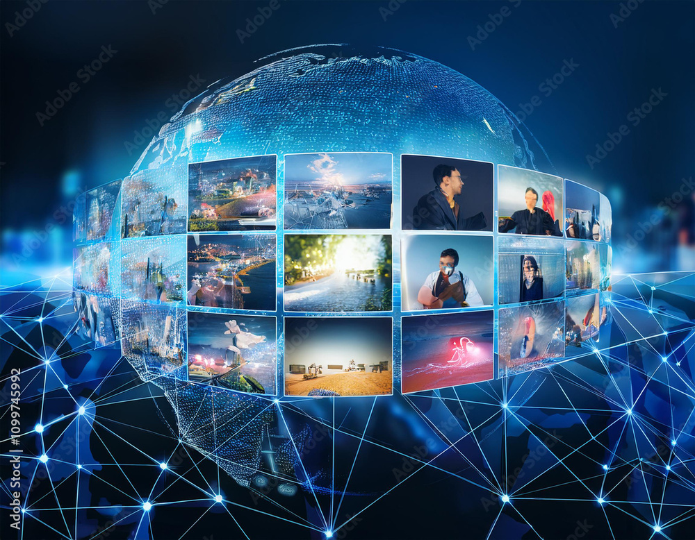 Wall mural internet data flow or blogging concept with many digital life style screens and polygonal lines