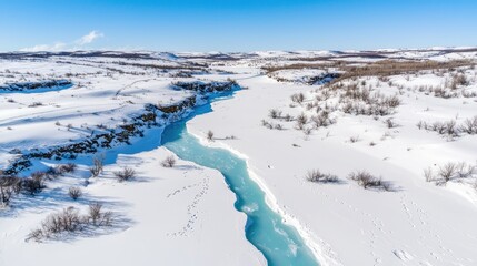 Obraz premium A vast snowy landscape with a winding river and sparse vegetation under a clear blue sky.