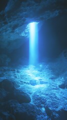 Obraz premium Diver examining vibrant coral reef in an underwater research facility. Low-light, teal-toned image showcasing marine conservation.