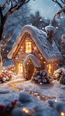 Obraz premium A charming snowy cottage adorned with lights and decorations.