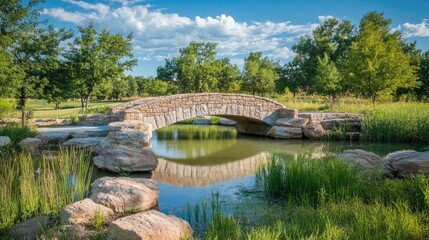 Fototapeta premium Stone bridge gracefully arches over a calm lake surrounded by lush greenery and vibrant wetlands under a bright blue sky.