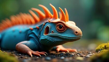 Fototapeta premium Closeup view of fantasy lizard with orange and blue scales. Lizard has spiky orange horns. Animal is resting on dark ground with moss. Nature scene. Fantasy creature. Colorful reptile.