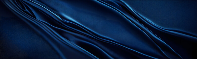 Obraz premium Navy blue silk satin. Silky shiny fabric. Dark luxury background with space for design. Banner. Wide. Long. Panoramic. Template. Empty. Flat lay, top view table. Beautiful.Elegant.Birthday,Christmas.