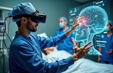 Surgeon wearing VR headset examines patient data visualized on holographic display. Medical team collaborates in futuristic clinic. Advanced tech improves diagnostics. High-tech operation in modern