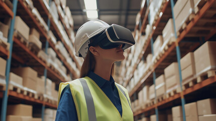 Woman using virtual reality headset in warehouse for inventory management