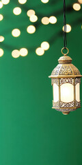 Elegant lantern with intricate patterns hanging against a vibrant green background with bokeh lights
