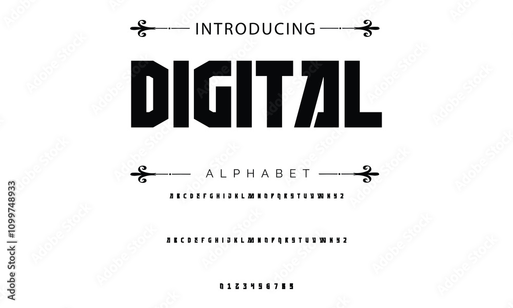 Fototapete modern techno font, futuristic line type of english alphabet letters and numbers. minimal tech typef