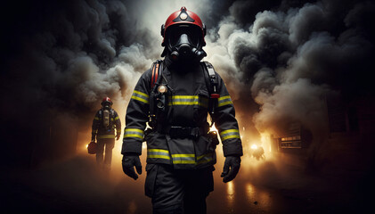 Obraz premium Firefighter with helmet and uniform looking away on black background with smoke