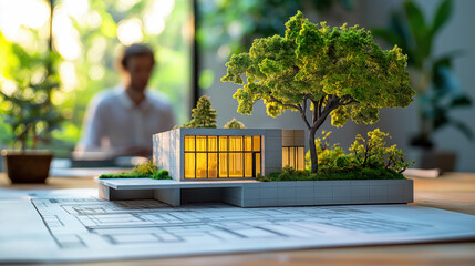 Sustainable architecture model with greenery and sunlight in modern office setting