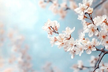 Obraz premium Horizontal banner with sakura flowers of white color on sunny backdrop. Beautiful nature spring background with a branch of blooming sakura. Copy space for text