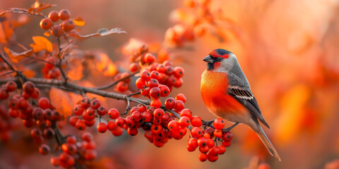 Fototapeta premium Bullfinch perched on vibrant red berries in autumn forest scene