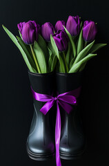 Black rain boots adorned with purple tulips and ribbons tied into elegant bows.Minimal creative fashion concept.Copy space,flat lay 