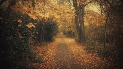 Scenic pathway in a park lined with vibrant golden autumn leaves, basking in soft daylight, evoking a nostalgic retro atmosphere.
