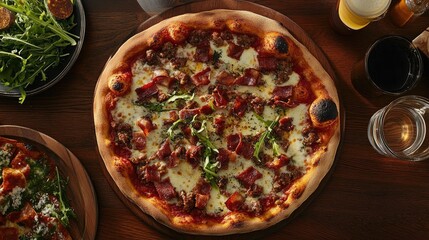 Delicious pizza topped with cheese, meats, and fresh greens, elegantly displayed on a rustic wooden table alongside beverages.