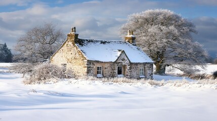 Snow-covered landscape highlighting a quaint stone cottage, enveloped in fresh snow with frosted trees under a dramatic winter sky.