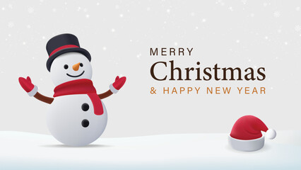 3D Merry Christmas greeting card vector design. snowman in elegant white background. Vector illustration holiday season