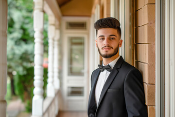 Fototapeta premium Young Caucasian male in elegant suit standing on veranda with columns
