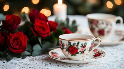 Fototapeta premium Elegant vintage Valentine’s Day setup with a lace-covered table, antique teacups, and red roses, warm candlelight creating a nostalgic ambiance 