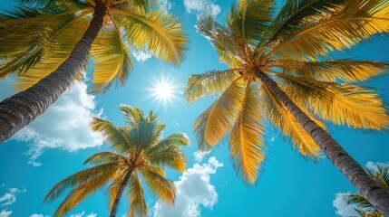 Fototapeta premium Tropical palm trees under bright blue sky, warm sunlight filtering through leaves, summer beach vacation vibes, exotic island nature, paradise getaway, relaxing tropical scenery