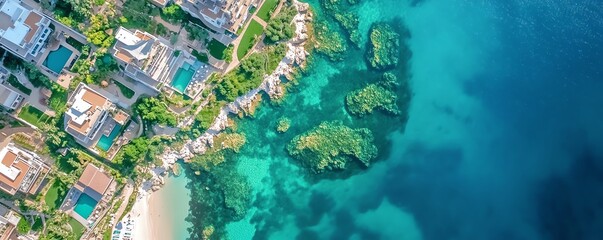 Aerial view of coastal town with turquoise water, sandy beach, and luxury villas.  Perfect for travel, real estate, or vacation brochures.