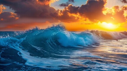Fototapeta premium A powerful wave rises, its turquoise crest catching the sunlight.