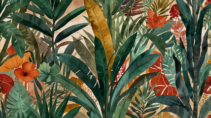 Obraz premium Vintage Tropical Garden Illustration Featuring Lush Greenery and Wild Plants Vintage Wallpaper