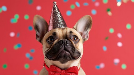 French bulldog in a sparkly bowtie and party hat, looking up at confetti falling around, charming and festive New Year’s vibe 