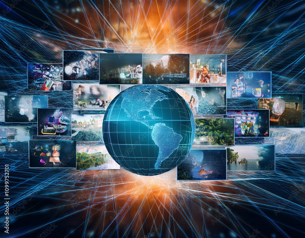 Wall mural internet data flow or blogging concept with many digital life style screens and polygonal lines