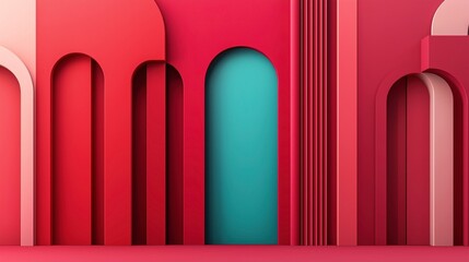 Obraz premium Abstract geometric composition with red and teal arches and vertical lines creating a modern, minimalist architectural scene.