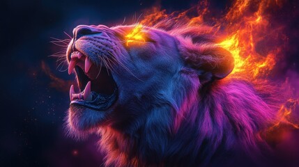 Majestic lion with glowing eyes and fiery mane in outer space, roaring, digital fantasy art, cosmic animal illustration, powerful and intense, galaxy background, wild spirit