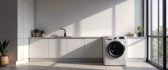 A white washing machine and dryer are sitting in a room with a window and a potted plant. The room is clean and bright, with the sunlight shining through the window and illuminating the space