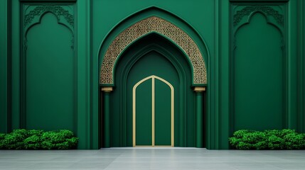 Obraz premium Intricate mosque archway, golden details against deep green walls, warm light filtering through, emphasizing the elegance of Islamic architecture 