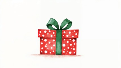 Fototapeta premium Red gift box with green ribbon and white polka dots on white background, copy space