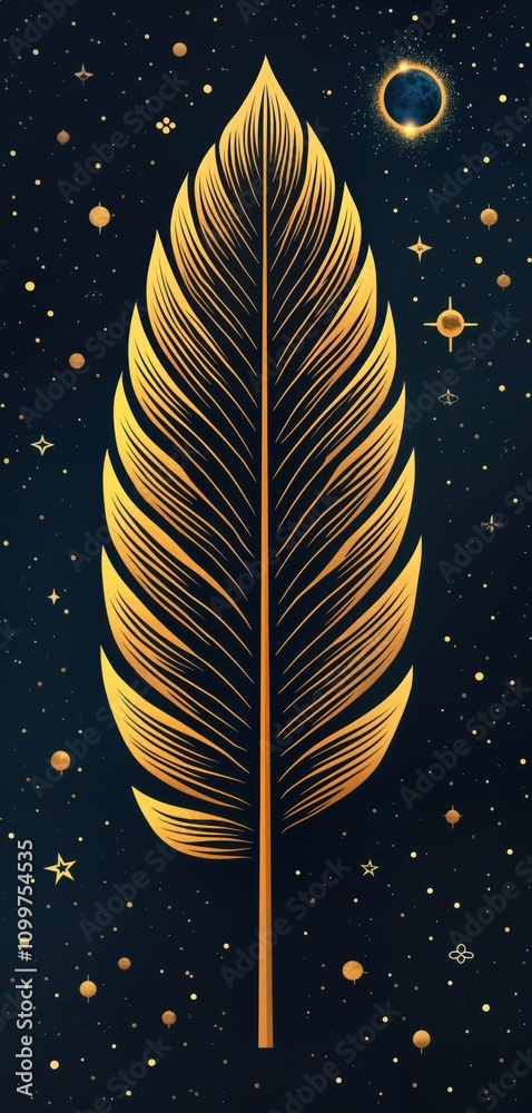 Poster golden celestial feather design. star map with geometric shapes. zodiac signs in feather shape. dark