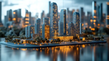 Naklejka premium Architectural model of modern city, detailed exterior house design, green building concept, sustainable eco architecture, contemporary house