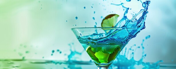 Blue Martini Splash: A vibrant blue martini with a lime wedge garnished and splashing into a turquoise water backdrop. The perfect image for a refreshing cocktail, party, or celebration.  