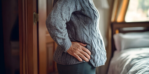 Elderly Woman Experiencing Hip Pain: A close-up of an older woman's hand resting on her hip, her expression suggesting discomfort and pain.
