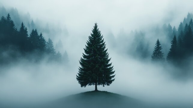Lone pine tree on a misty mountain slope, fog swirling around, creating a mysterious and serene atmosphere, muted colors 